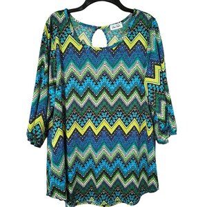 Star Vixen 3/4 Sleeve Keyhole Blue Chevron Print Stretch Women's Size XL